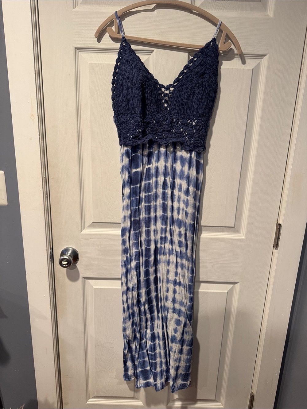 Blue Tie-Dye Maxi Dress with Crochet Bodice